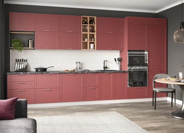 Кухня Квадро, Красная кожа — готовая комплектация 4.2 метра