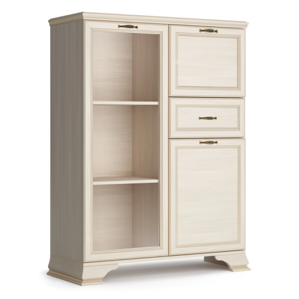 Шкаф низкий (1 стеклодверь) Сиена бодега белый (патина золото)