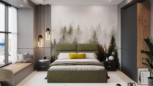 Спальный гарнитур «Глосс» №10 Яблоня Беллуно, Стекло Графит матовый, Микровелюр Jercy Deep Green