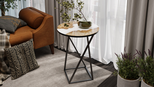 Стол журнальный ДП 1-03-05 исп. 2 Черный, Стекло с рисунком Слэб белый