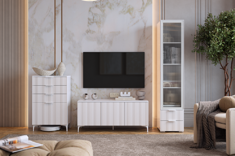 Гостиная "Зефир К1" (2200х424х1900) белое дерево/белый муар/белый (эмаль)