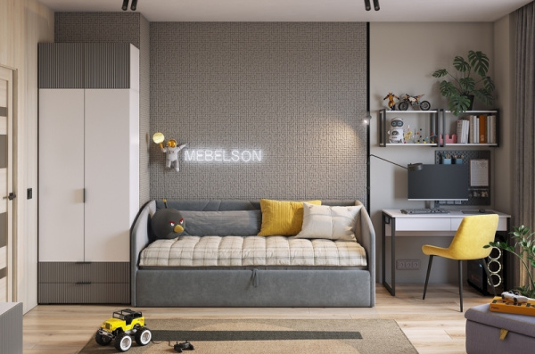 Набор детской мебели "Зефир К4" (4015х1000х2300) белое дерево/серый (эмаль)/графит (велюр)