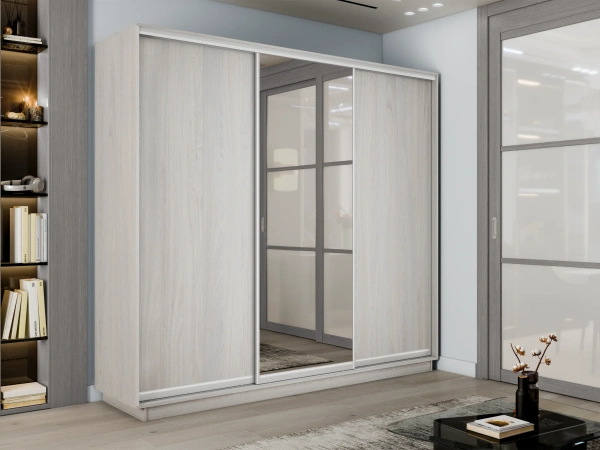 Шкаф-купе  Экспресс 2 1800x2200x600, ДСП Ясень Анкор, Зеркало, Серебряный профиль