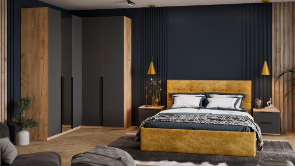 Спальный гарнитур «Джоли» №3 Дуб Крафт золотой, Графит матовый, Микровелюр Wellmart Yellow