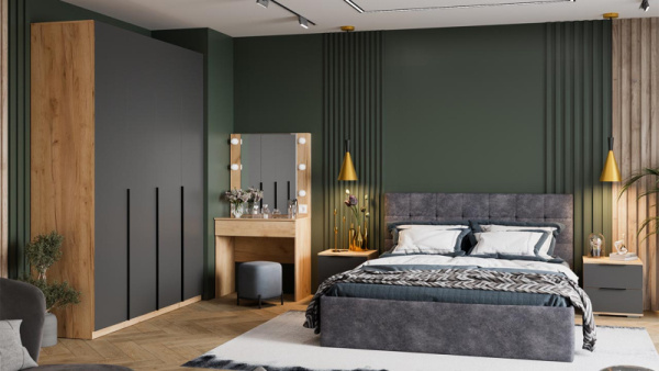 Спальный гарнитур «Джоли» №2 Дуб Крафт золотой, Графит матовый, Микровелюр Wellmart Graphite