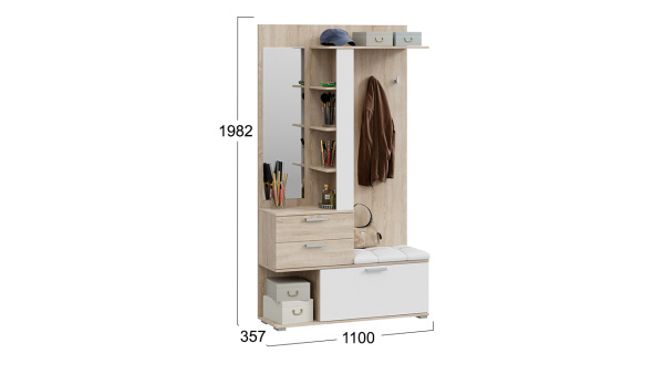 Вешалка комбинированная с крючками и зеркалом «Эрика» Дуб Сонома, Белый (поры дерева)