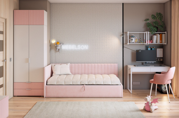 Набор детской мебели "Зефир К9" (4015х1000х2300) белое дерево/пудра розовая (эмаль)/нежно-розовый (велюр)