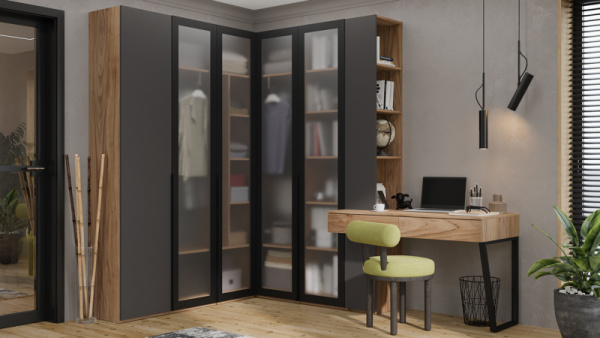 Спальный гарнитур «Порто» №5 Яблоня Беллуно/Графит софт/Стекло сатин черное