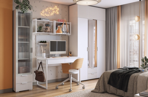 Набор детской мебели "Зефир К5" (2700х580х2300) белое дерево/белый муар/белый (эмаль)