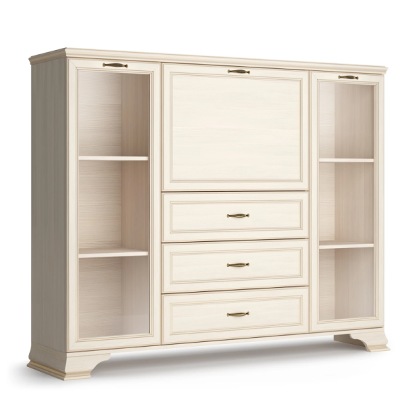 Шкаф низкий (2 стеклодвери) Сиена бодега белый (патина золото)