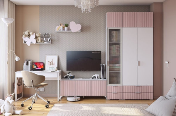 Набор детской мебели "Зефир К2" (3500х580х2300) белое дерево/белый муар/пудра розовая (эмаль)