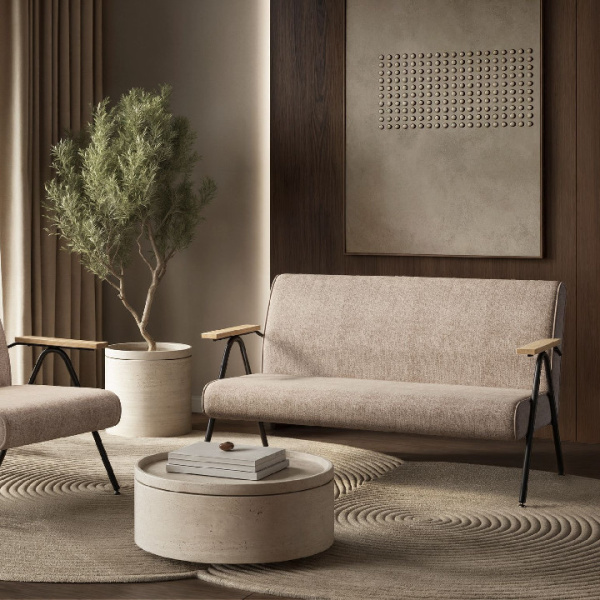 Энди диван двухместный с деревянными подлокотниками, шенилл Shantal beige