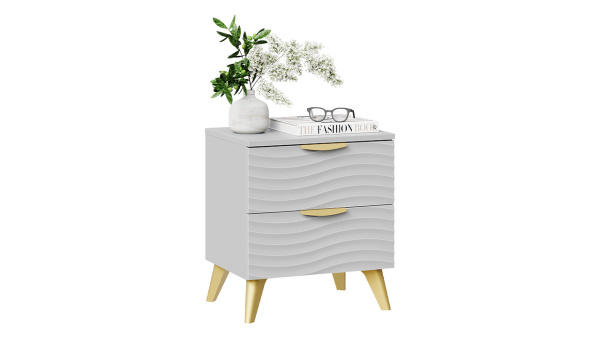 Тумба прикроватная «Тиана» с 2мя ящиками Тип 4 с опорами Т4 Золото, Шиншилла Серая, Серый матовый, Золото ручка Т5