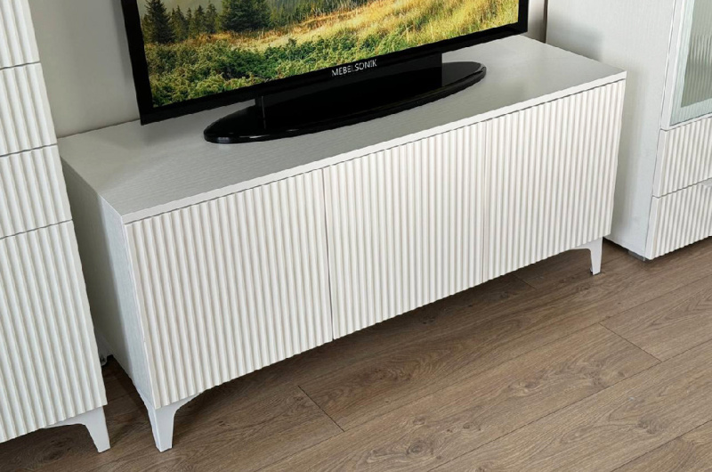 Гостиная "Зефир К1" (2200х424х1900) белое дерево/белый муар/белый (эмаль)