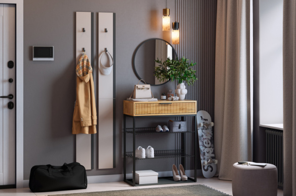 Прихожая "Мебельсон К19" (1300х334х1750) кашемир/дуб крафт золотой/черный муар/черный