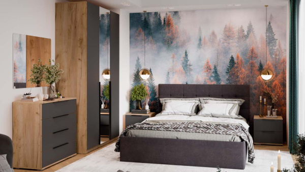 Спальный гарнитур «Джоли» №1 Дуб Крафт золотой, Графит матовый, Велюр Графит