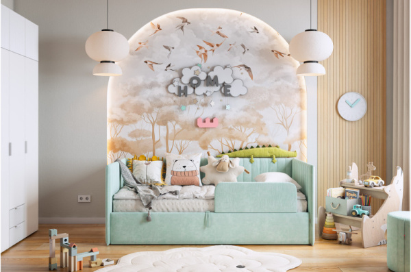 Кровать с подъемным механизмом Твикс (Софа) 90х200 см мята (велюр)