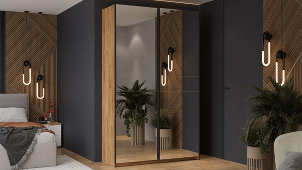 Шкаф-купе с 2 зеркальными дверями «Оскар» Ручка черная, Дуб Крафт золотой
