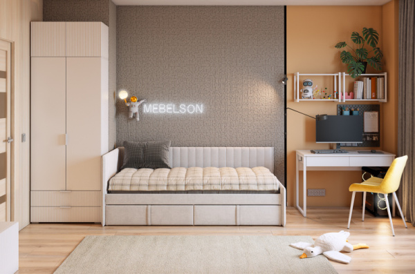 Набор детской мебели "Зефир К8" (4015х1000х2300) белое дерево/белый (эмаль)/галька (велюр)