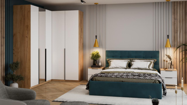 Спальный гарнитур «Джоли» №3 Дуб Крафт золотой, Белый матовый, Велюр Confetti Izumrud