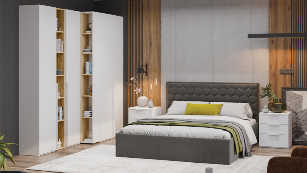 Спальный гарнитур «Порто» №1 Белый Жемчуг, Яблоня Беллуно, Белый софт, Велюр Confetti Stone