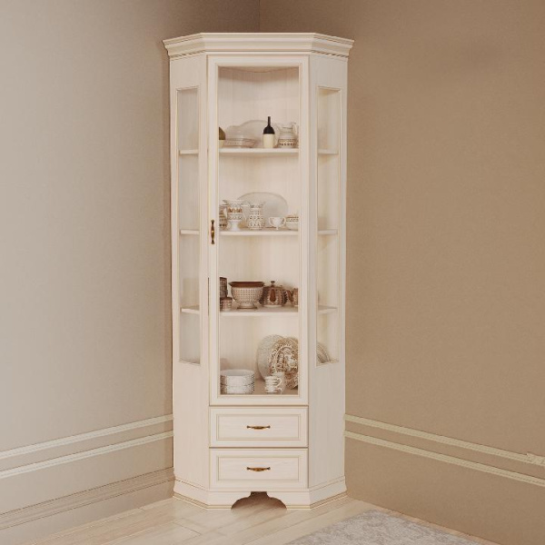 Шкаф-витрина угловой Сиена бодега белый (патина золото)