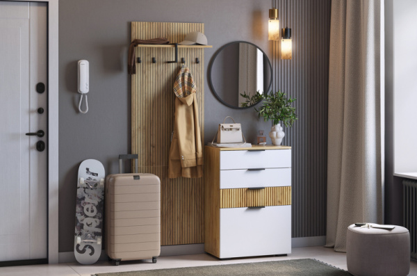 Прихожая "Мебельсон К3" (1200х353х1750) дуб крафт золотой/белое дерево/черный