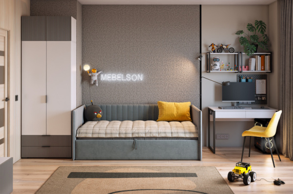 Набор детской мебели "Зефир К7" (4015х1000х2300) белое дерево/серый (эмаль)/графит (велюр)